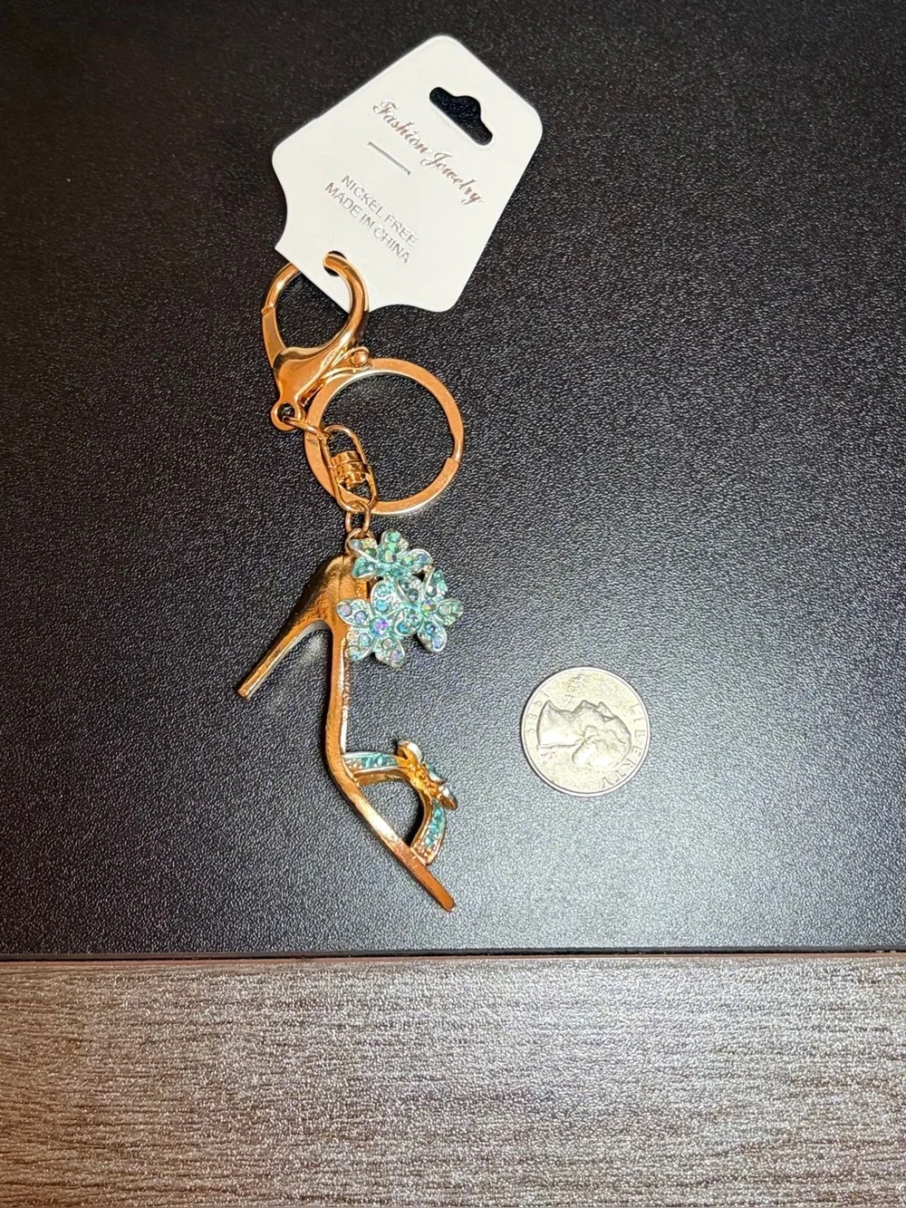 Gold High Heel Keychain with Turquoise Crystal Flowers